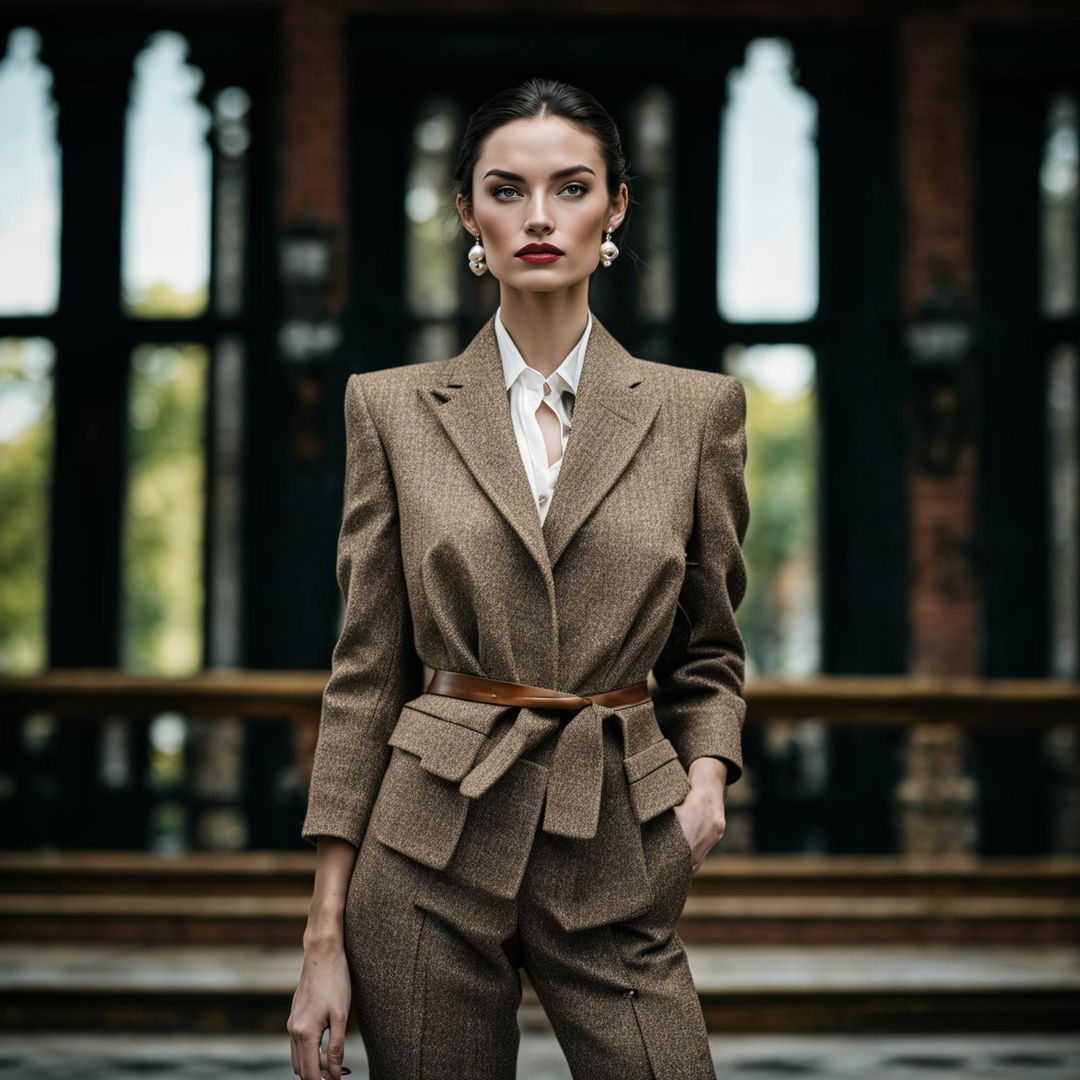 High-resolution photograph of a model in a modern 'old money' inspired outfit. She wears a tailored tweed suit with a silk blouse, leather loafers, and pearl earrings. The backdrop is a grand mansion. The lighting and composition are immaculate.