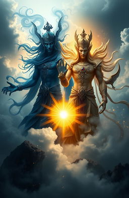 A stunning fantasy scene featuring two gods representing contrasting themes of dark and light