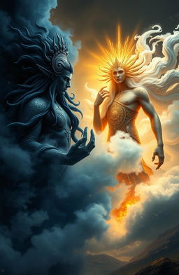 A stunning fantasy scene featuring two gods representing contrasting themes of dark and light