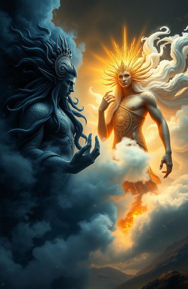 A stunning fantasy scene featuring two gods representing contrasting themes of dark and light