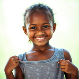 A beautiful Papua New Guinean girl with dark skin, wearing a gray tank top, is playfully lifting her top while smiling at the camera