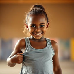 A beautiful Papua New Guinean girl with dark skin, wearing a gray tank top, is playfully lifting her top while smiling at the camera
