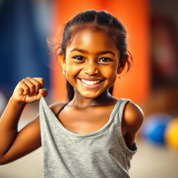 A beautiful Papua New Guinean girl with dark skin, wearing a gray tank top, is playfully lifting her top while smiling at the camera