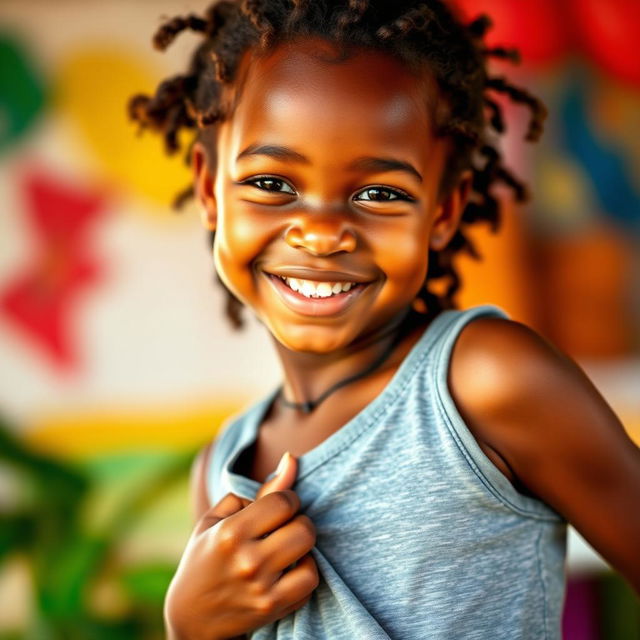 A beautiful Papua New Guinean girl with dark skin, wearing a gray tank top, is playfully lifting her top while smiling at the camera