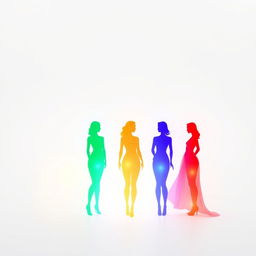 A minimalistic design featuring six glowing silhouettes, each in different vibrant colors, standing against a pristine white background