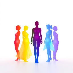 A minimalistic design featuring six glowing silhouettes, each in different vibrant colors, standing against a pristine white background