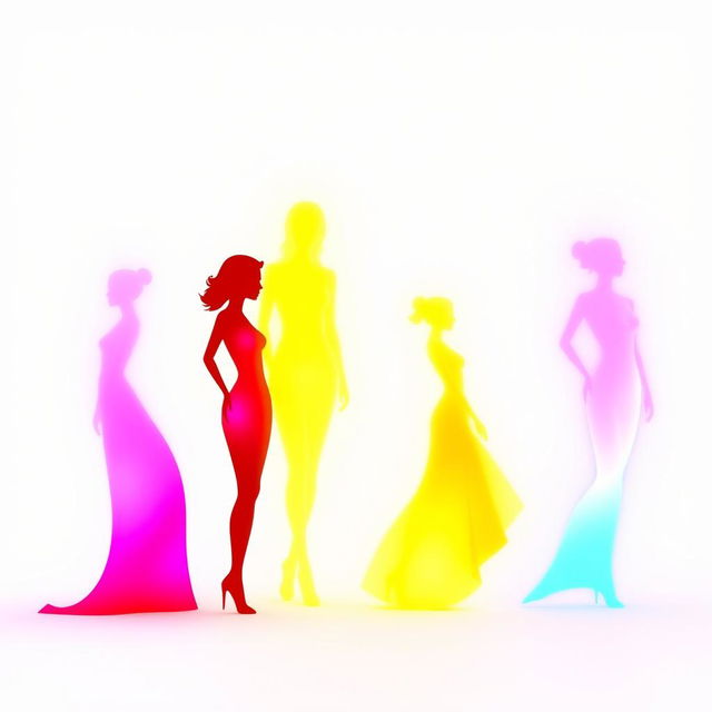 A minimalistic design featuring six glowing silhouettes, each in different vibrant colors, standing against a pristine white background