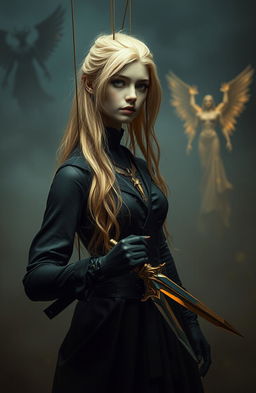 A fantasy scene featuring a rebel marionette themed female lead with striking blonde hair, holding a glass dagger