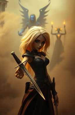 A fantasy scene featuring a rebel marionette themed female lead with striking blonde hair, holding a glass dagger