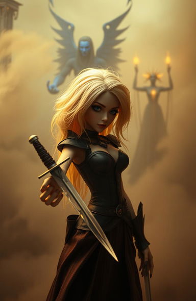 A fantasy scene featuring a rebel marionette themed female lead with striking blonde hair, holding a glass dagger