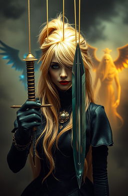 A fantasy scene featuring a rebel marionette themed female lead with striking blonde hair, holding a glass dagger