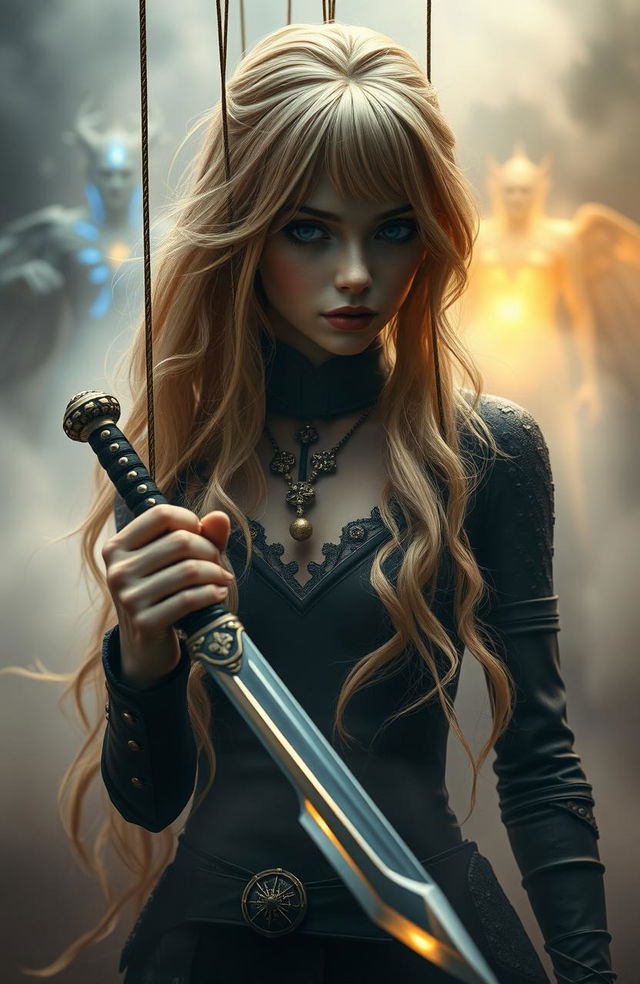 A fantasy scene featuring a rebel marionette themed female lead with striking blonde hair, holding a glass dagger