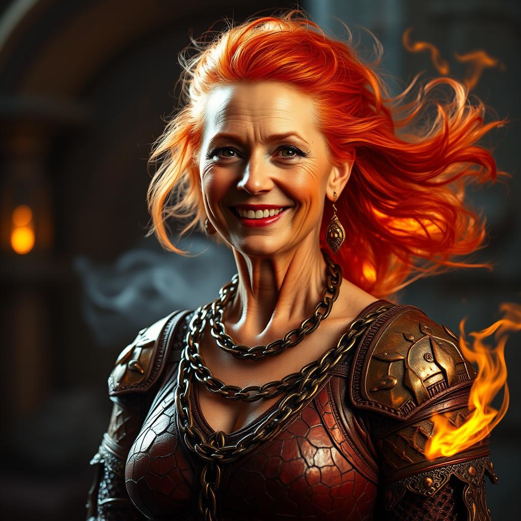 A gentle, fire-haired mature woman with a nurturing and motherly demeanor, smiling warmly