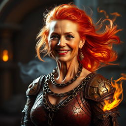 A gentle, fire-haired mature woman with a nurturing and motherly demeanor, smiling warmly