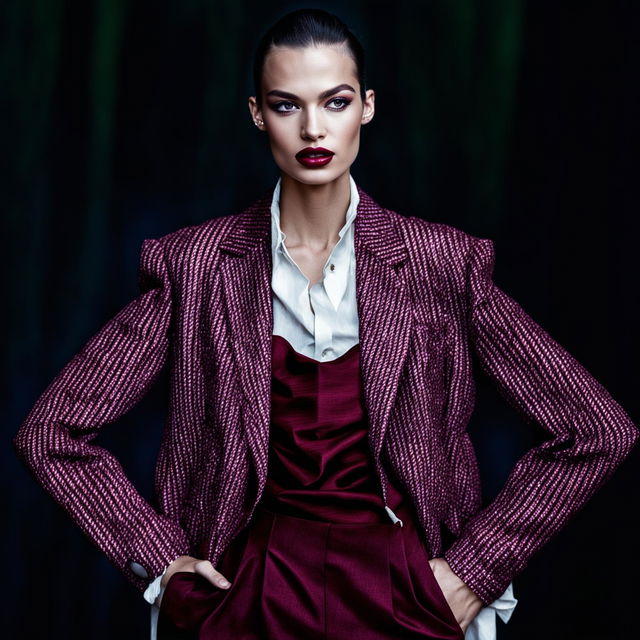 Editorial magazine photoshoot featuring a model in a modern 'old money' inspired outfit. She wears a tweed blazer with gold and silver threads, white blouse with ruffled cuffs, high-waisted burgundy trousers, and pearl necklace. The composition is immaculate with dramatic lighting.