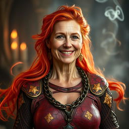 A gentle, fire-haired mature woman with a nurturing and motherly demeanor, smiling warmly