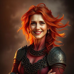 A gentle, fire-haired mature woman with a nurturing and motherly demeanor, smiling warmly