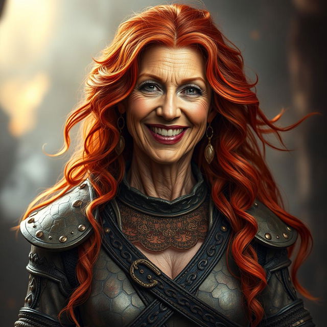 A gentle, fire-haired mature woman with a nurturing and motherly demeanor, smiling warmly