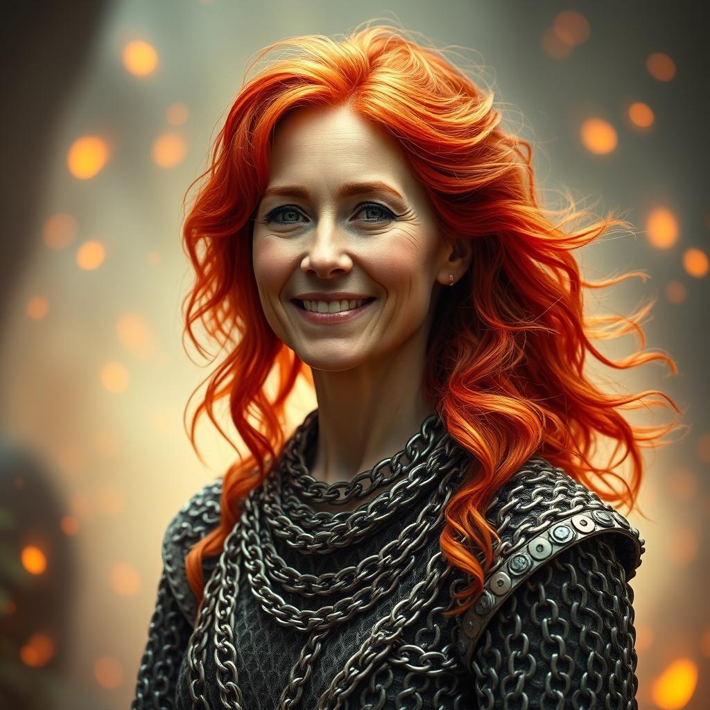 A gentle, fire-haired mature woman with a motherly demeanor, smiling softly