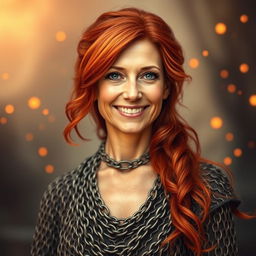 A gentle, fire-haired mature woman with a motherly demeanor, smiling softly