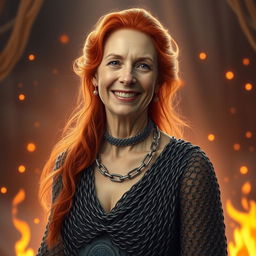 A gentle, fire-haired mature woman with a motherly demeanor, smiling softly
