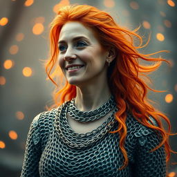 A gentle, fire-haired mature woman with a motherly demeanor, smiling softly