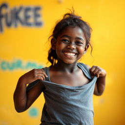 A beautiful Papua New Guinean girl with dark skin, wearing a gray tank top, is captured in a playful pose, lifting her top while smiling joyfully at the camera