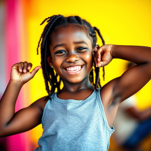 A beautiful Papua New Guinean girl with dark skin, wearing a gray tank top, is captured in a playful pose, lifting her top while smiling joyfully at the camera