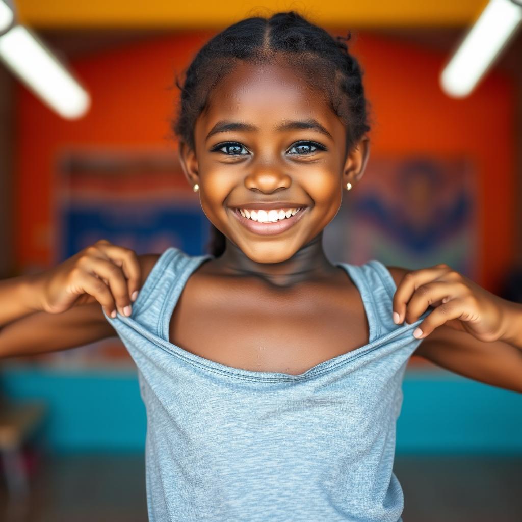 A beautiful Papua New Guinean girl with dark skin, wearing a gray tank top, is captured in a playful pose, lifting her top while smiling joyfully at the camera