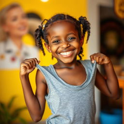 A beautiful Papua New Guinean girl with dark skin, wearing a gray tank top, is captured in a playful pose, lifting her top while smiling joyfully at the camera