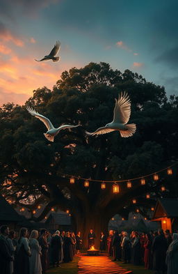 A magical village dusk ceremony setting beneath a majestic, sprawling oak tree at the village center