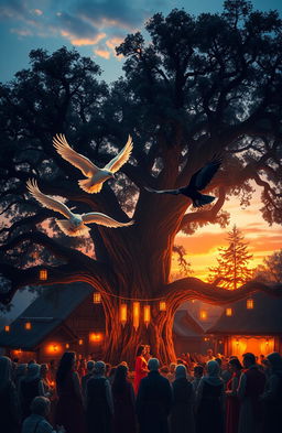 A magical village dusk ceremony setting beneath a majestic, sprawling oak tree at the village center