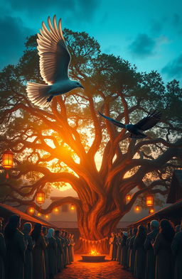A magical village dusk ceremony setting beneath a majestic, sprawling oak tree at the village center