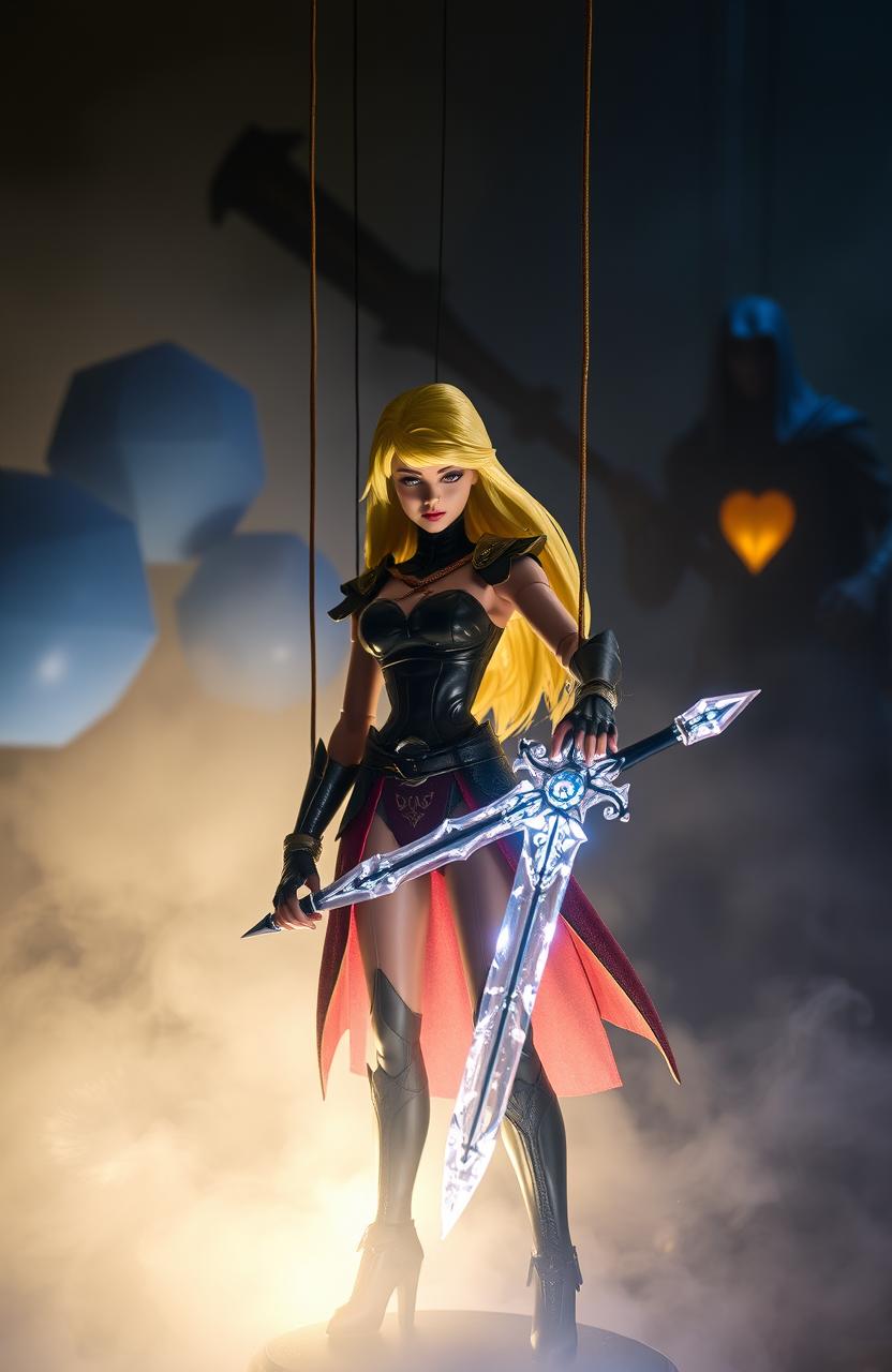 In a captivating fantasy setting, a powerful Rebel marionette-themed female figure with striking blonde hair stands boldly in the foreground