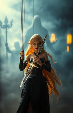 In a captivating fantasy setting, a powerful Rebel marionette-themed female figure with striking blonde hair stands boldly in the foreground