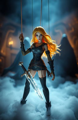 In a captivating fantasy setting, a powerful Rebel marionette-themed female figure with striking blonde hair stands boldly in the foreground