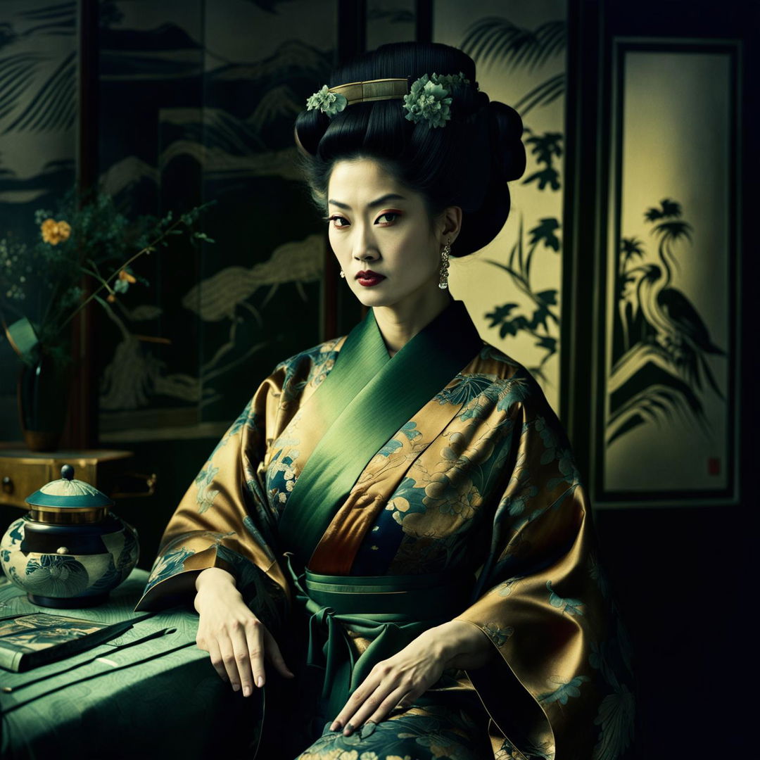 Vintage editorial photograph featuring a Japanese woman in an indigo and gold kimono in an opulent Meiji era room.