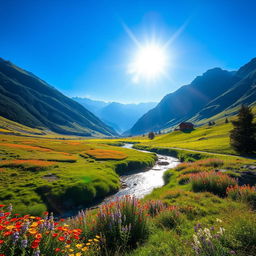 A stunning and vibrant landscape featuring a lush green valley surrounded by majestic mountains under a clear blue sky