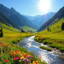 A stunning and vibrant landscape featuring a lush green valley surrounded by majestic mountains under a clear blue sky