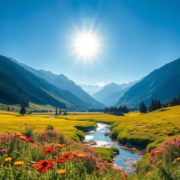 A stunning and vibrant landscape featuring a lush green valley surrounded by majestic mountains under a clear blue sky