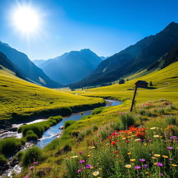 A stunning and vibrant landscape featuring a lush green valley surrounded by majestic mountains under a clear blue sky