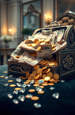 An artistic representation symbolizing wealth, featuring a large pile of diverse currency notes from around the world, gold coins spilling from an ornate treasure chest, and shimmering diamonds scattered across a velvet surface