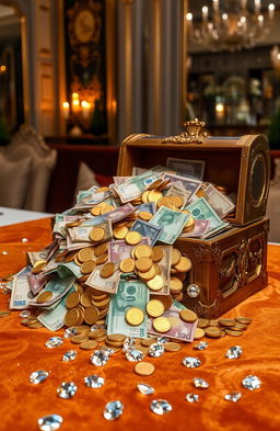 An artistic representation symbolizing wealth, featuring a large pile of diverse currency notes from around the world, gold coins spilling from an ornate treasure chest, and shimmering diamonds scattered across a velvet surface