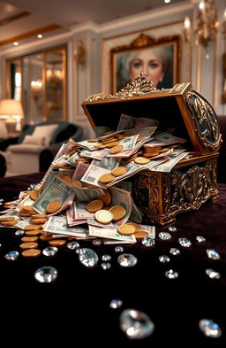 An artistic representation symbolizing wealth, featuring a large pile of diverse currency notes from around the world, gold coins spilling from an ornate treasure chest, and shimmering diamonds scattered across a velvet surface