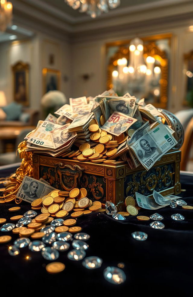 An artistic representation symbolizing wealth, featuring a large pile of diverse currency notes from around the world, gold coins spilling from an ornate treasure chest, and shimmering diamonds scattered across a velvet surface