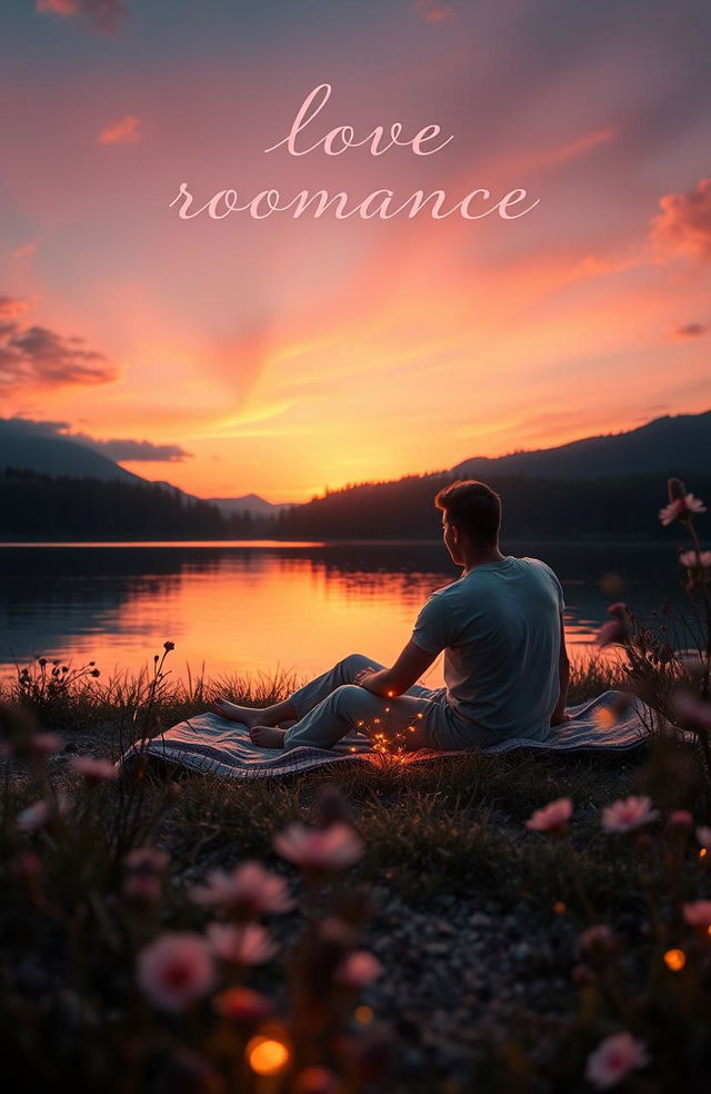 An enchanting romantic book cover featuring a dreamy sunset over a calm lake