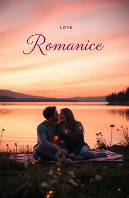 An enchanting romantic book cover featuring a dreamy sunset over a calm lake