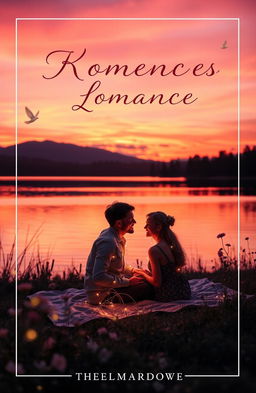An enchanting romantic book cover featuring a dreamy sunset over a calm lake