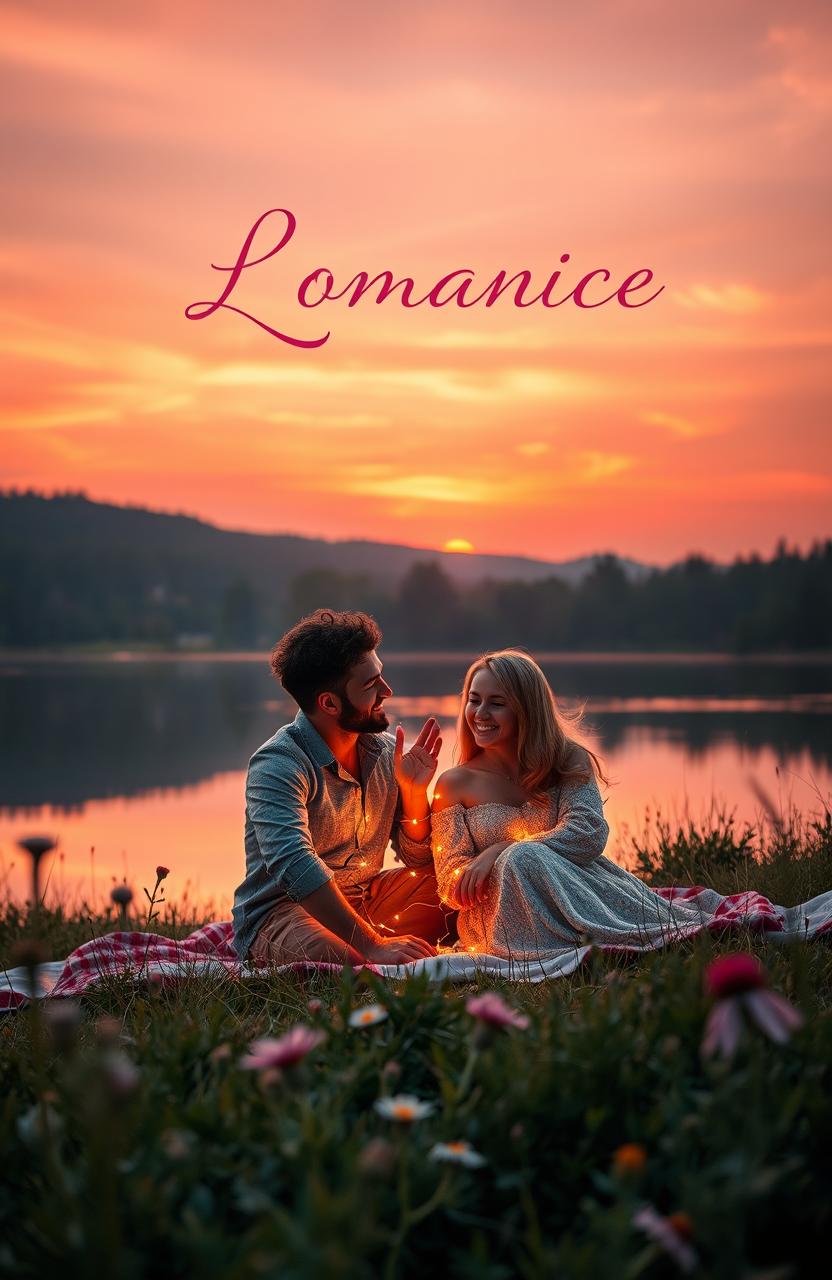 An enchanting romantic book cover featuring a dreamy sunset over a calm lake