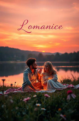 An enchanting romantic book cover featuring a dreamy sunset over a calm lake